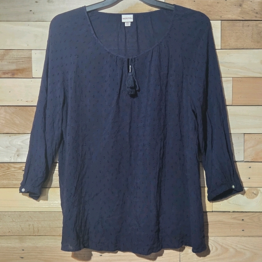 Navy Swiss Dot Peasant Blouse Tassel Tie Neck 3/4 Sleeve Boho XXL
